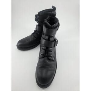 Urban Outfitters Womens Black Leather Combat Moto Ankle Boots Buckle Zip 6
